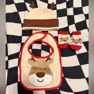 Little Me Reindeer Bib, Hat, and Socks Set - Cream, Brown, Red